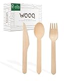 wooq Premium Holzbesteck Set 200-teilig FSC-zertifiziert (100 Holzgabeln, 50 Holzlöffel, 50 Holzmesser Holz Besteck ) Einwegbesteck kompostierbar in wiederverschließbarer Pappbox