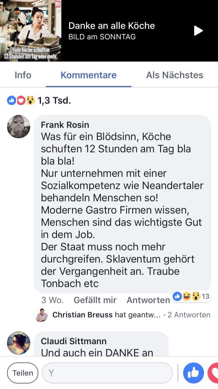 FB_IMG_1533276297263 Frank Rosin dementiert jetzt die Aussage von der Bild Zeitung, dass Köche 12 Std am Tag arbeiten. Mehr im Beitrag